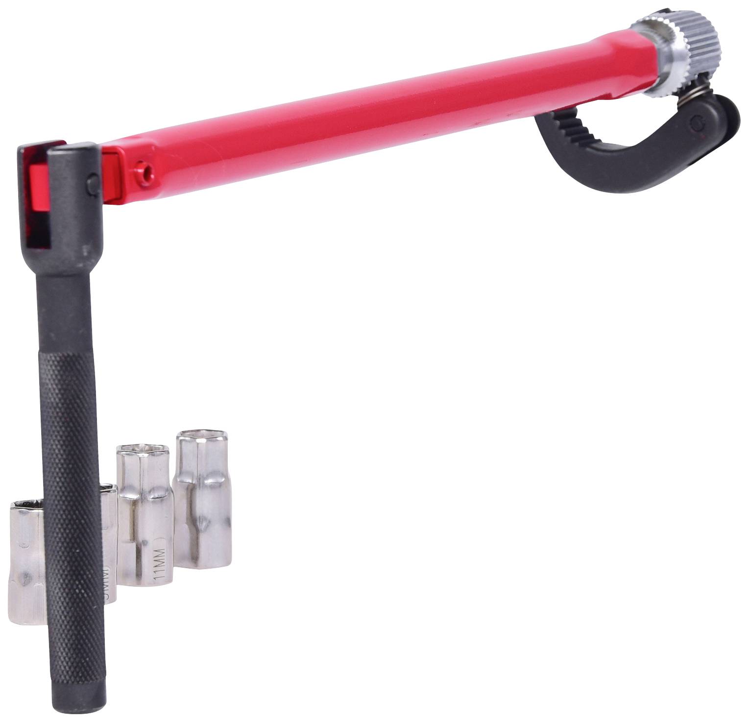 Red and black telescopic wheel brace with four socket attachments. Tool for changing tyres and other vehicle maintenance tasks.