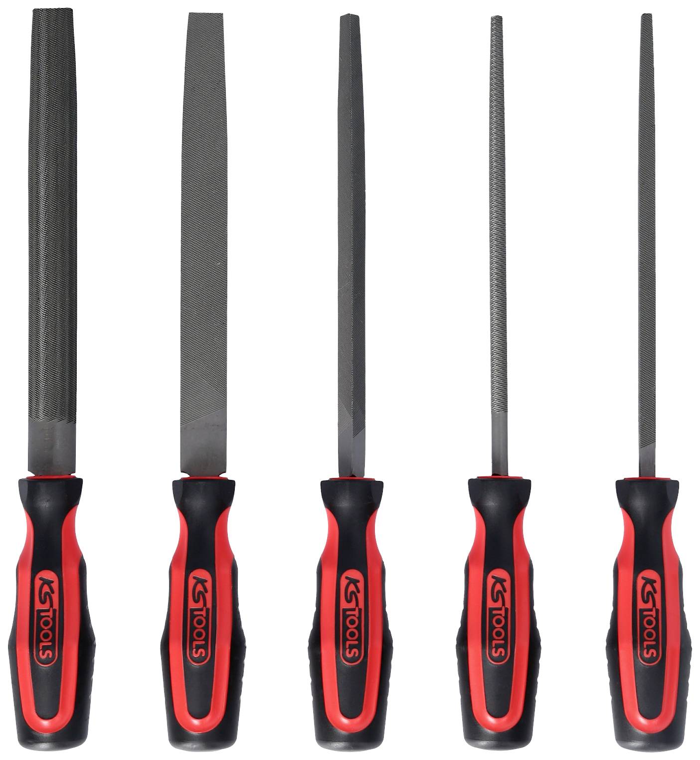 Five red hand files with black handles, standing upright side by side in different shapes. Brand name visible on the handles.