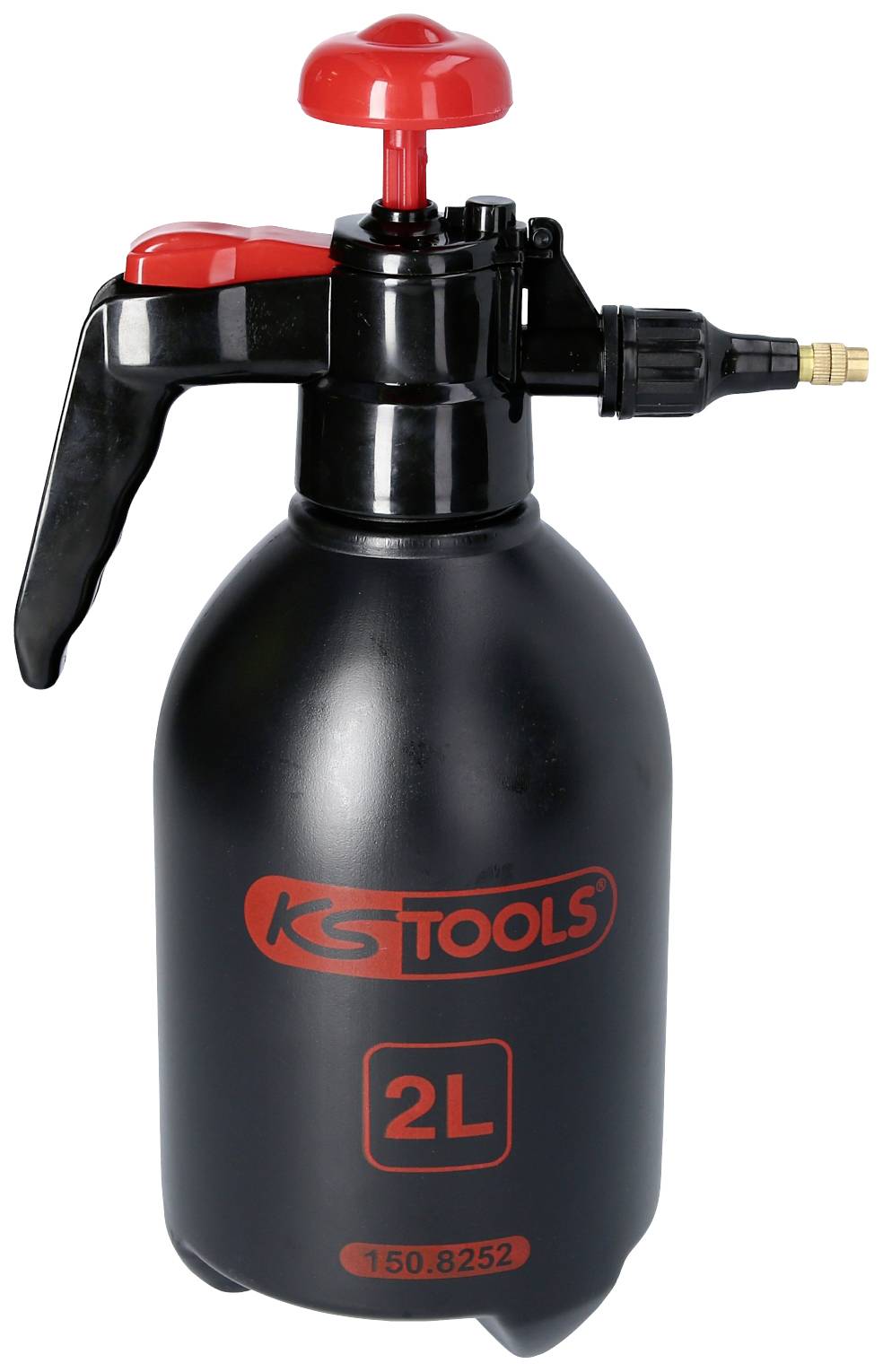 Hand-operated sprayer, black with red handle, 2-litre capacity, brand 'KS Tools'.