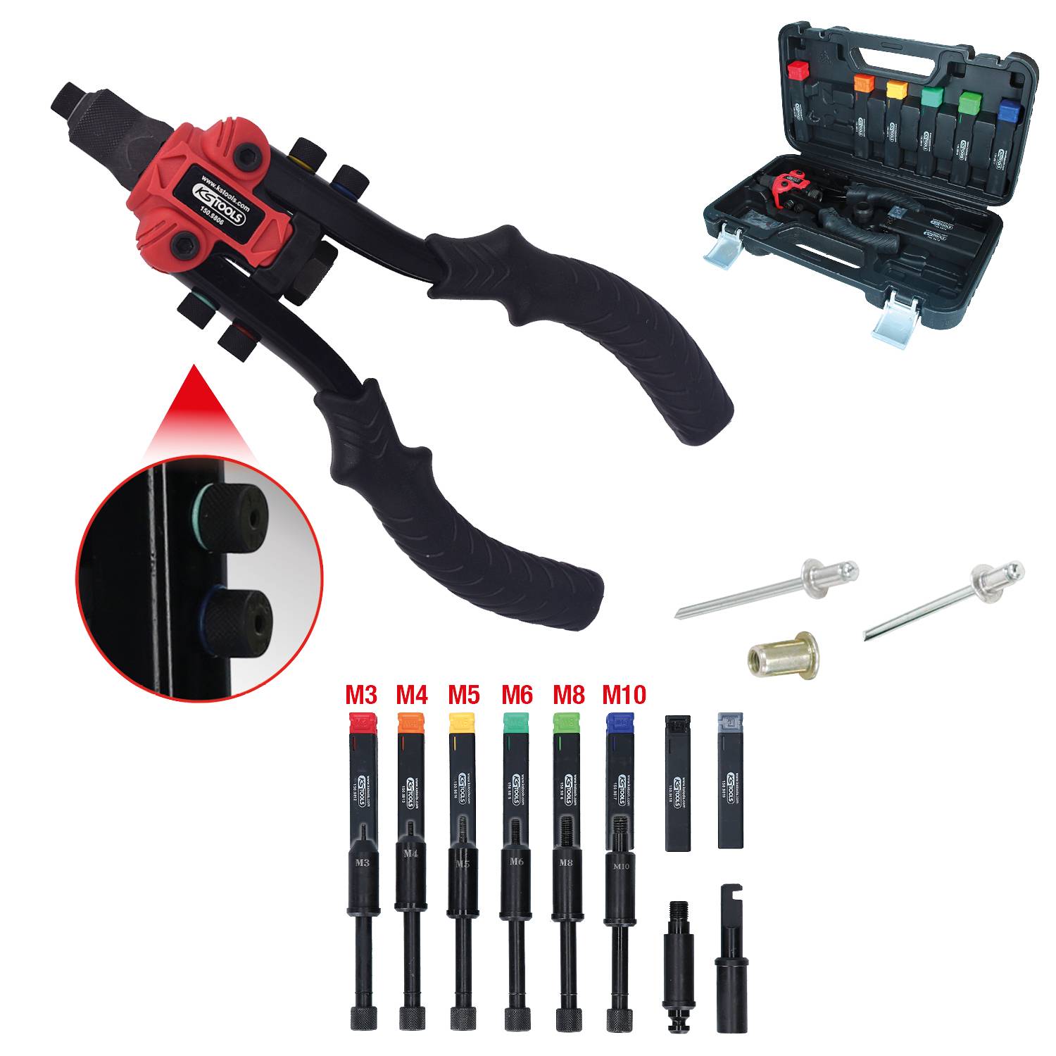 A pair of slip-joint pliers with interchangeable head sizes (M3-M10), shown with accessories and a portable tool case.