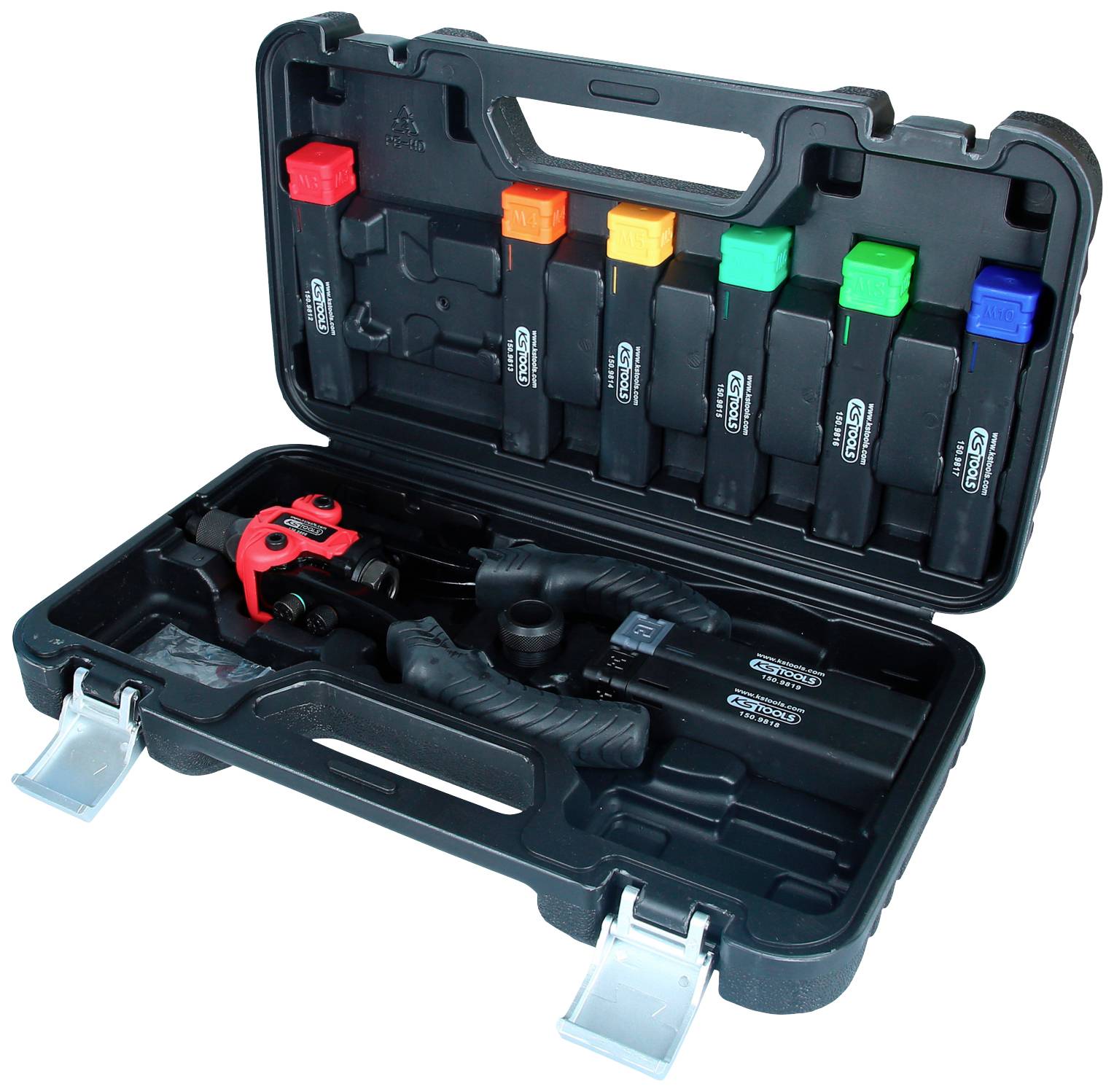 An open toolbox with various colourful inserts and a red pipe cutter. Suitable for plumbing work.