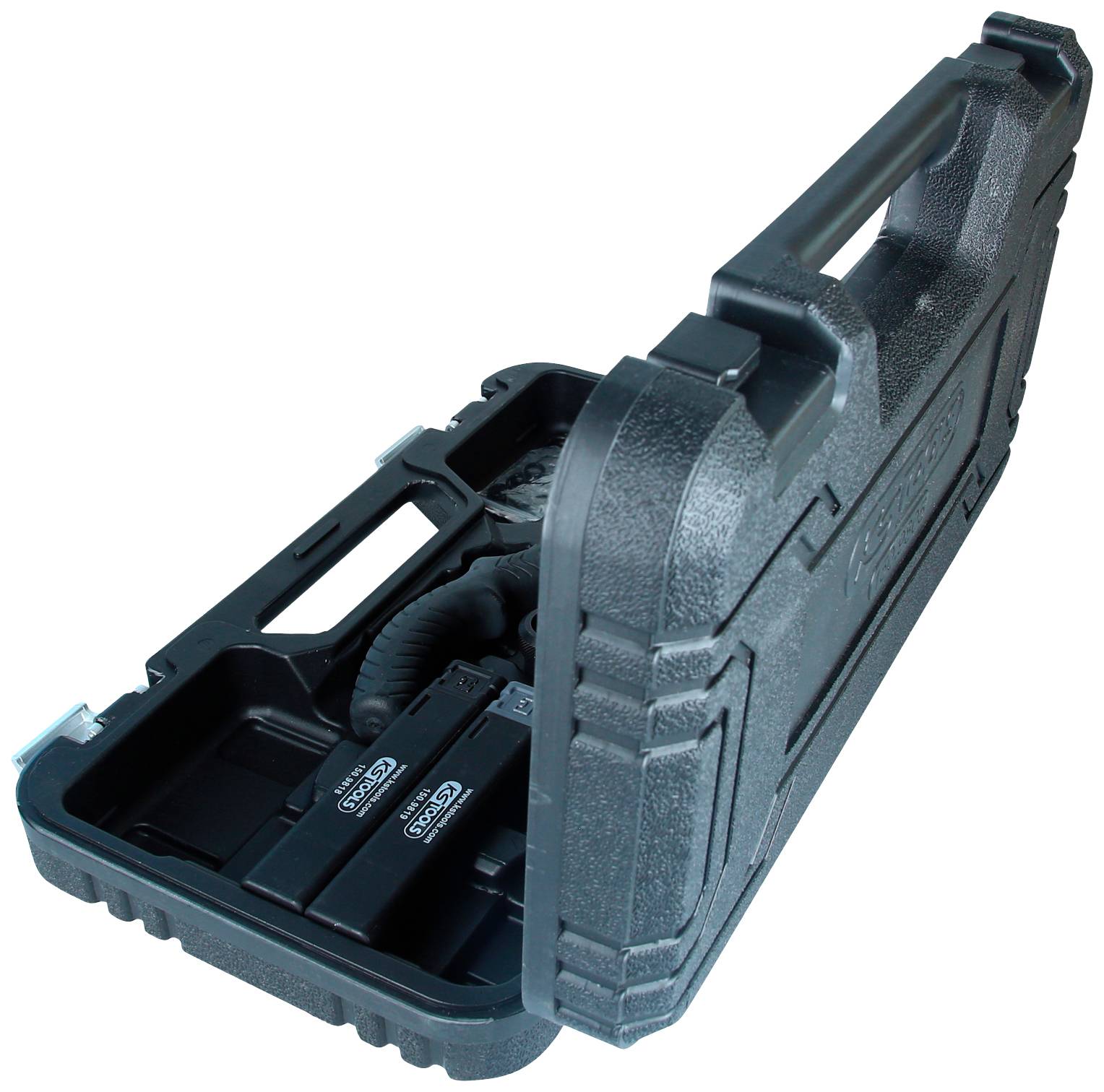 A black rifle case is partially open, revealing a rifle grip and accessories inside. The case has a robust design and a handle.