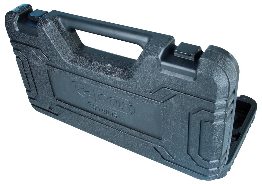 Black plastic carry case with a handle and embossed logo, suitable for storing and transporting tools.