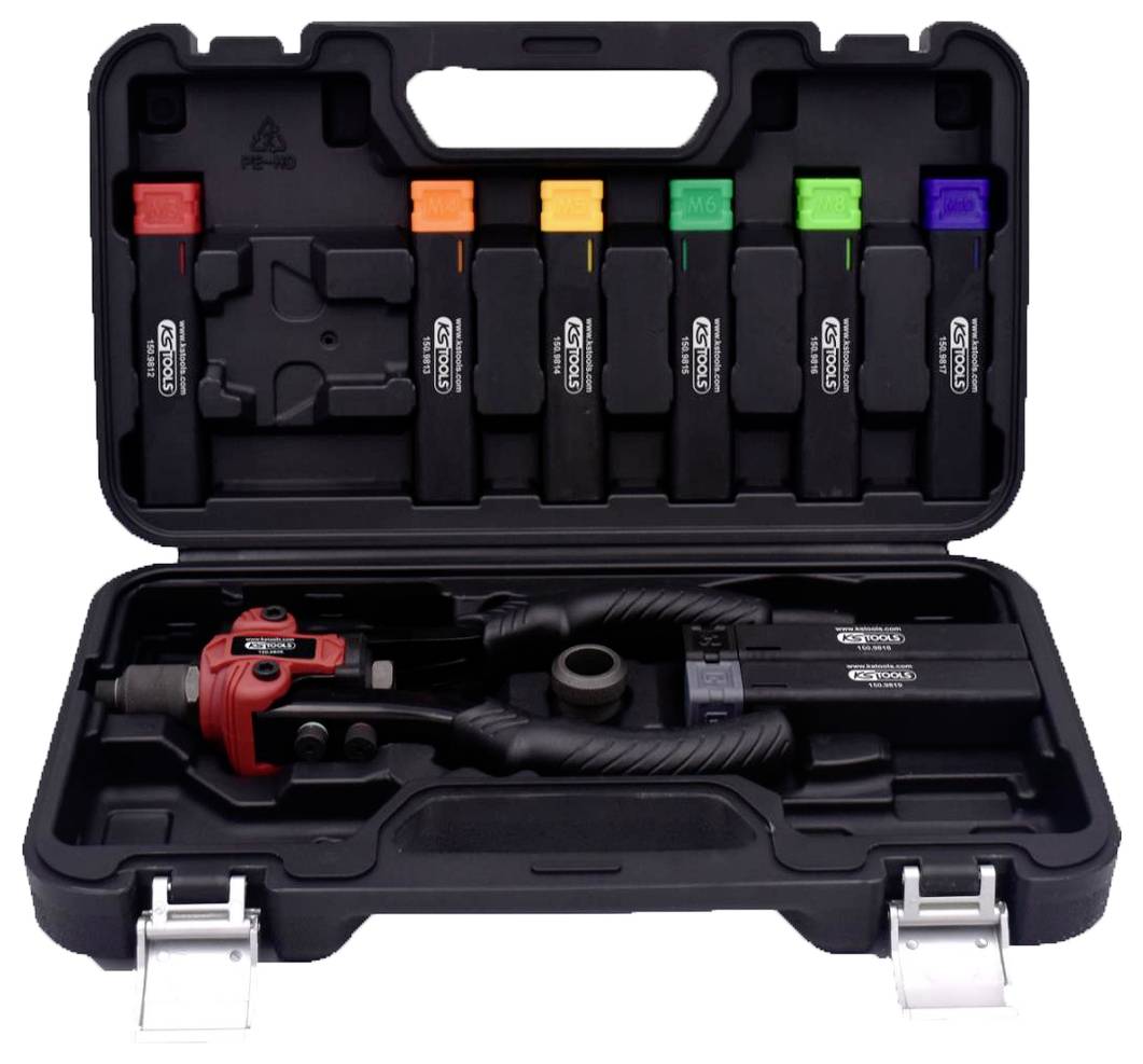 Toolbox with a manual pipe bending device and six colour-coded inserts in various sizes, suitable for different pipe diameters.
