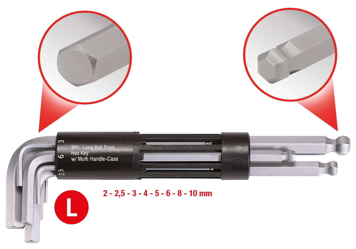 Set of 8 Allen keys with hexagonal and ball-ended heads in various sizes from 2 to 10 mm. Robust holder included.