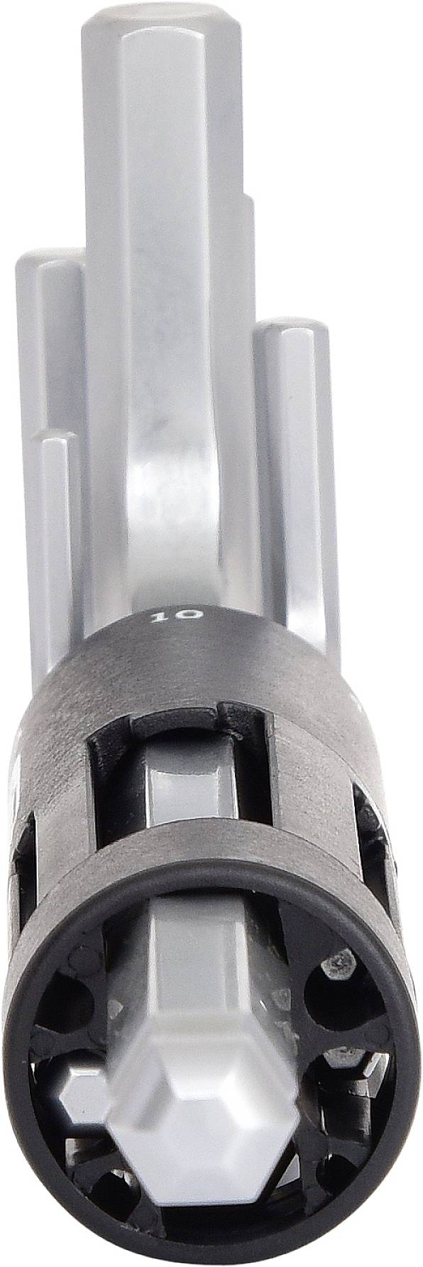 A grey, cylindrical tool with multiple graduated levels and a black plastic handle, likely a multi-point Allen key.