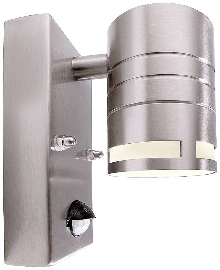 A modern exterior light made of brushed metal mounted on a wall, featuring a cylindrical design and built-in motion sensor.