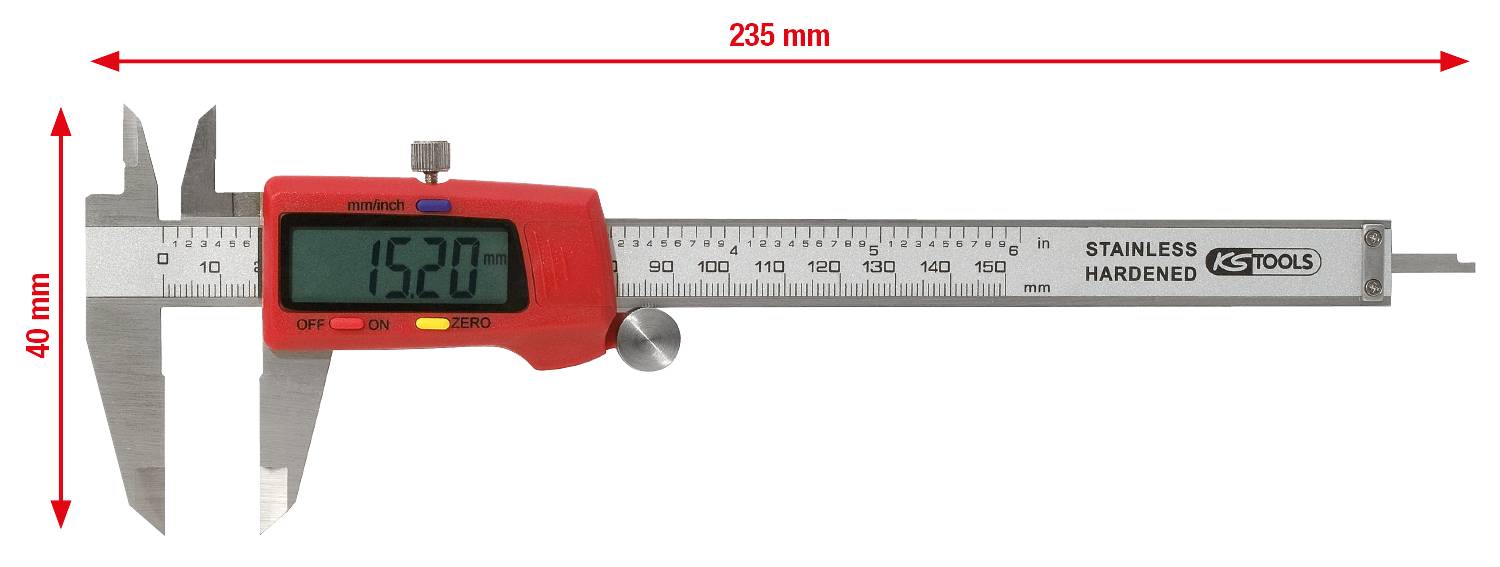 A digital calliper shows a measurement of '152.0 mm'. The calliper is 235 mm long and 40 mm high overall.
