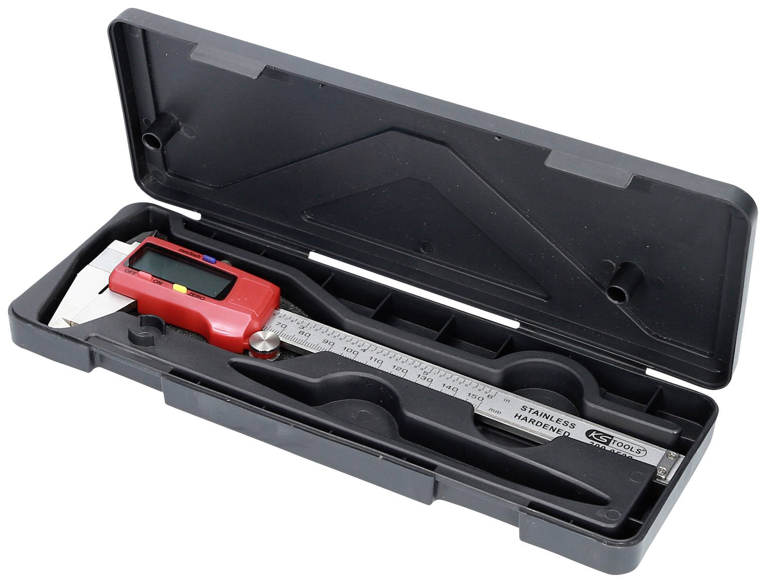 Digital vernier calliper in a red housing inside a black plastic case, used for precise measurement of lengths and diameters.