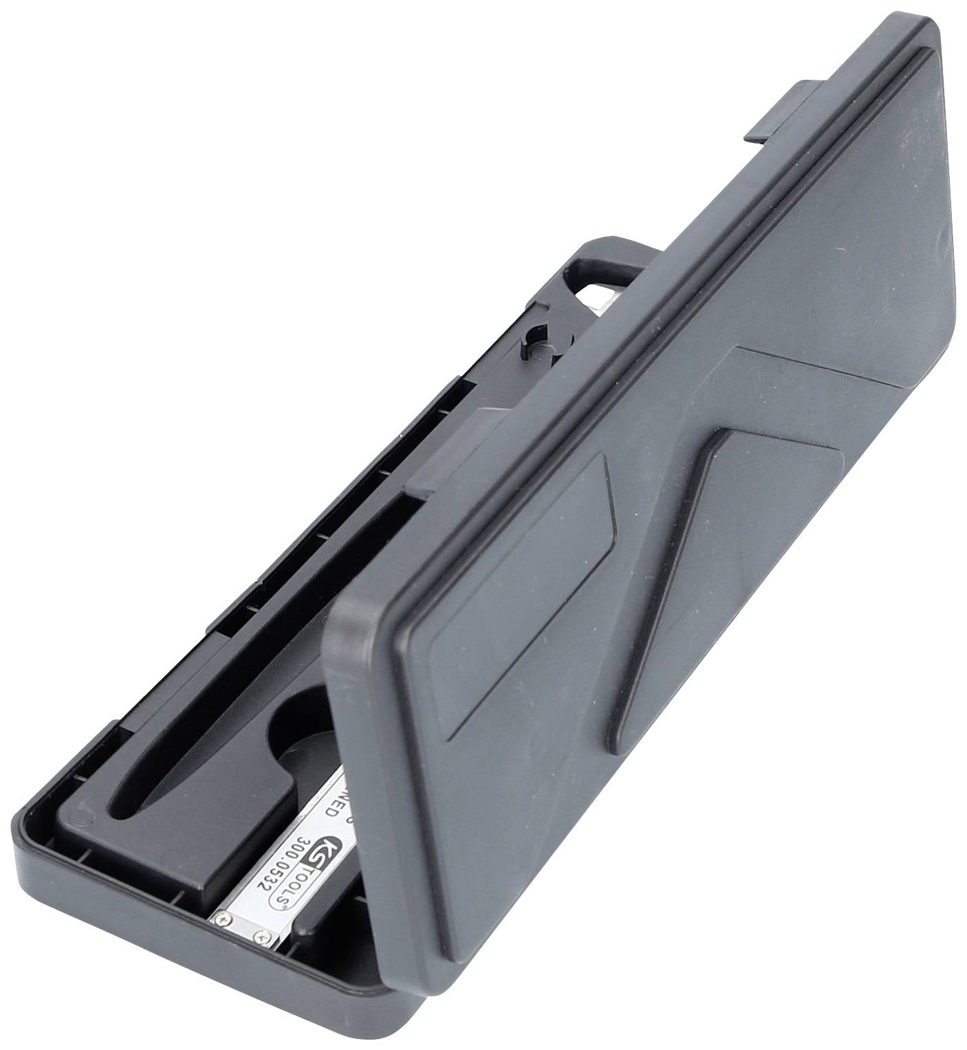A black plastic case containing a USB stick. The case is slightly open, partially revealing the USB stick.