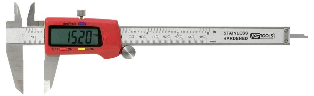 Digital calliper with stainless steel housing displays measurement value of '15.20' on LCD display.
