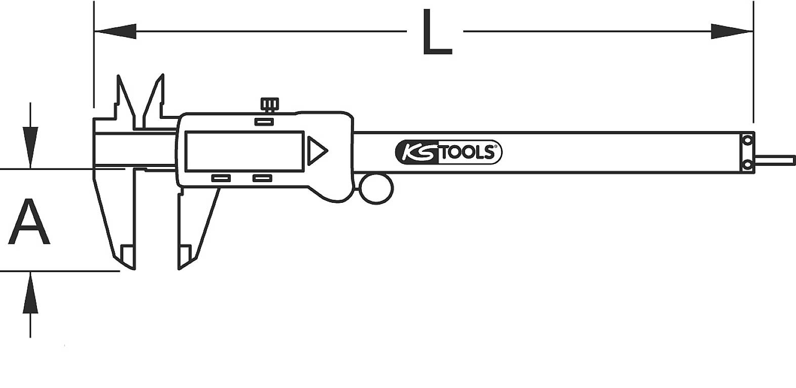'Calliper' in side view. Measuring scale with two measuring axes, marked as A and L. Used for precise distance measurement.