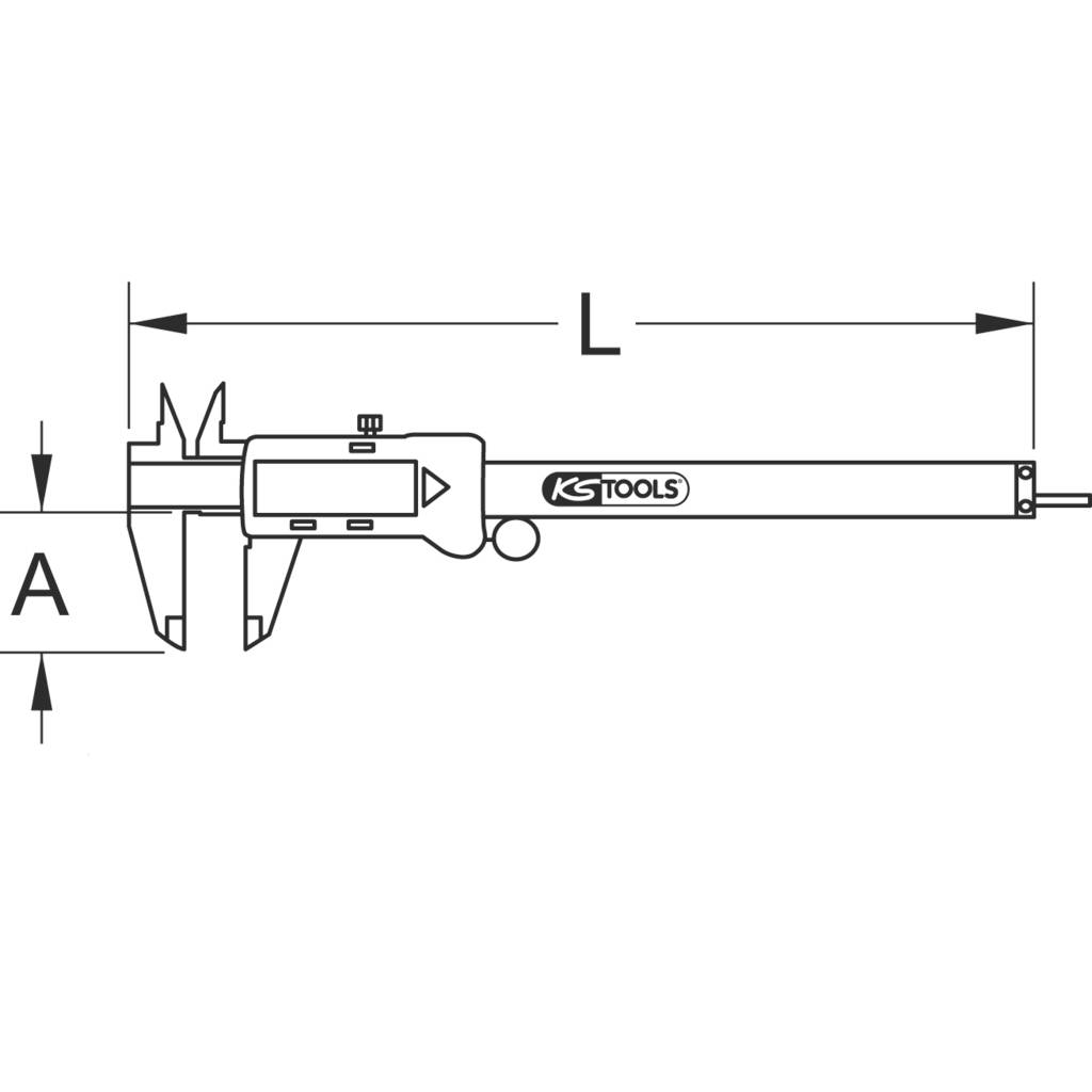 Image of a digital calliper by KS Tools. Arrows highlight measurement areas A and L.