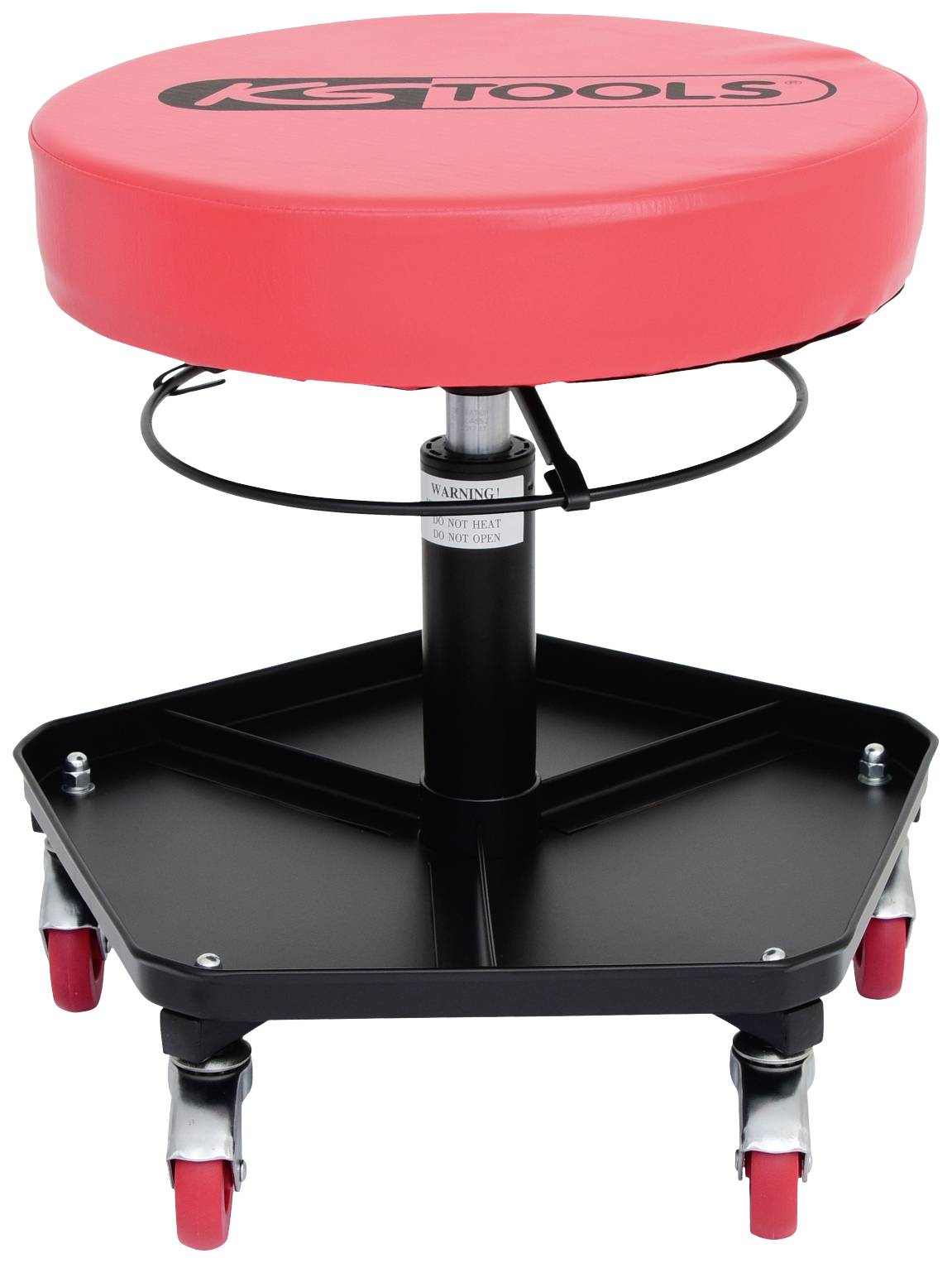 Rolling stool with red seat cushion and black frame, sturdy metal base on five castors. Suitable for workshop and mechanical work.