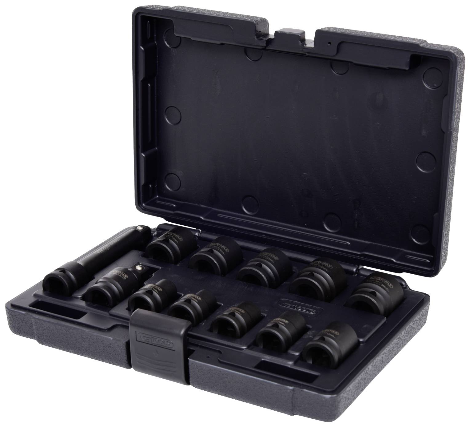 'Open case with various precision nuts and a tool handle, ready for use. Contains multiple tools of different sizes.'Note: I've maintained the original description's technical tone and precise language while converting it to British English.
