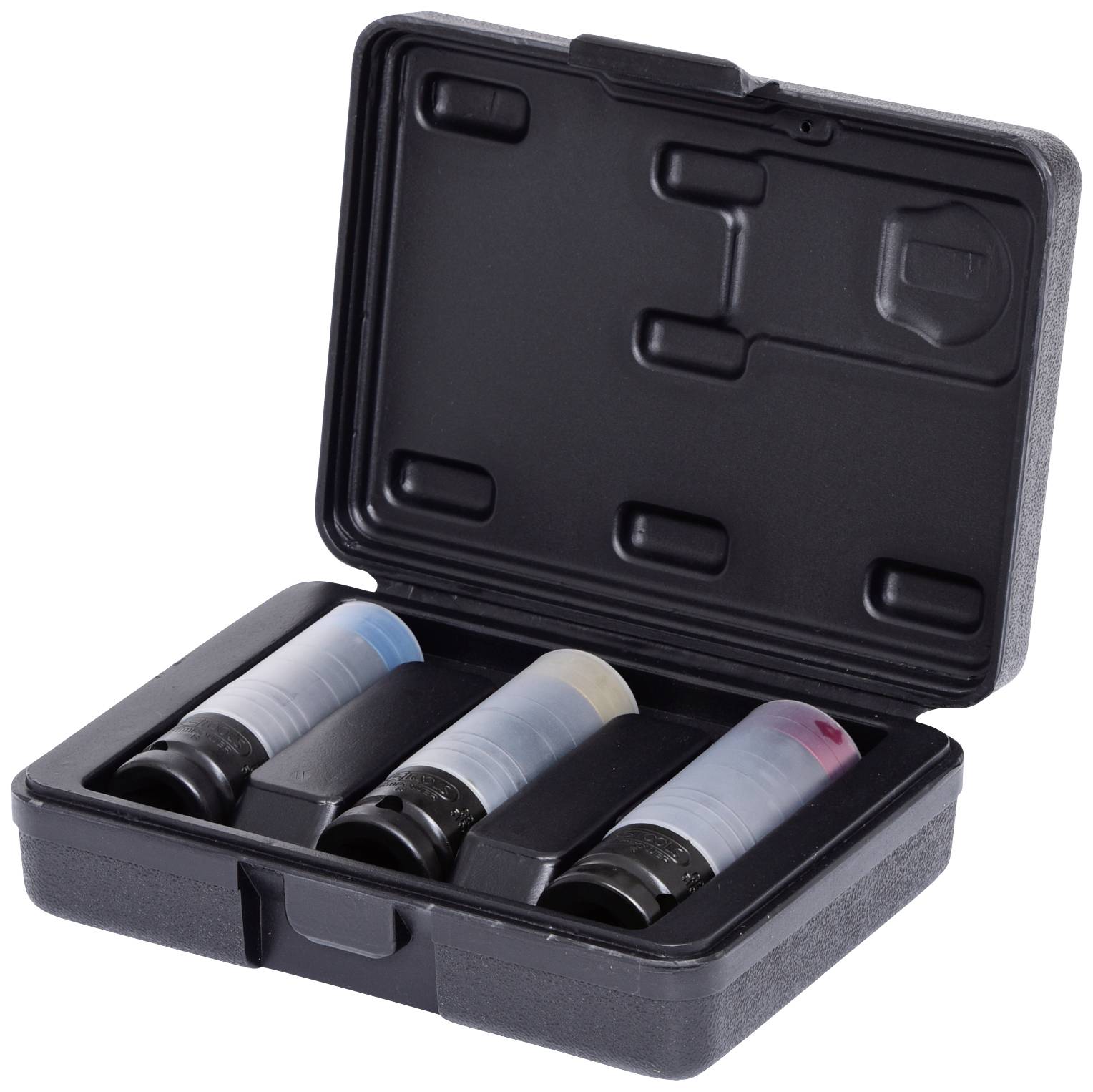 A black plastic case with three microscope eyepieces, sorted by colours (blue, beige, red). Case is open.