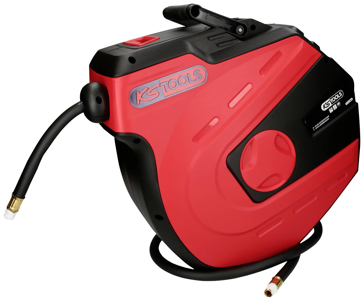 Red automatic hose reel with black hose and handle, marked with 'KS Tools'.