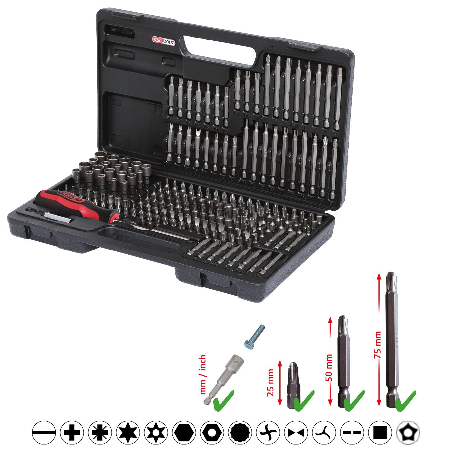 A comprehensive screwdriver set with various bits and extensions, arranged in an open black case.