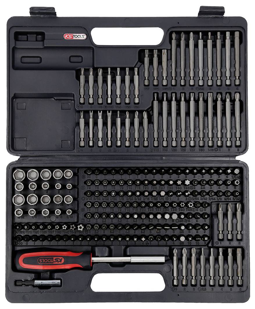 Toolkit with socket sets, bits and screwdrivers in various sizes, organised in a black case.