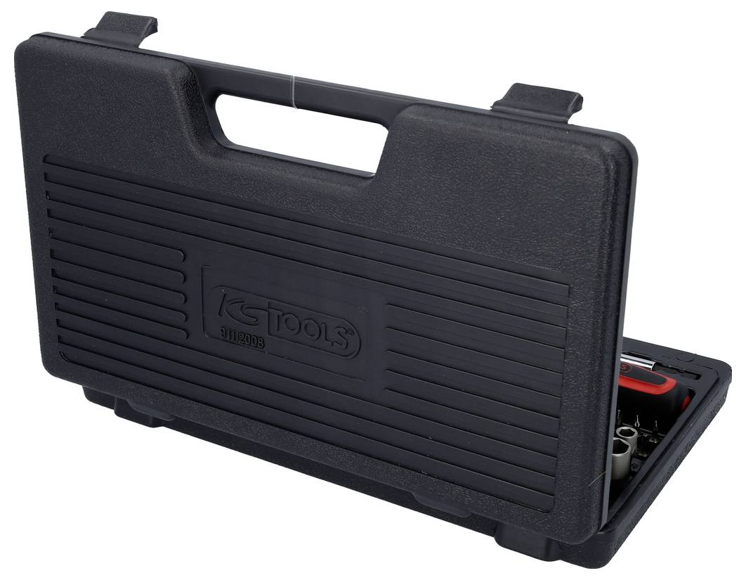 Black plastic case with handle and printed logo, partially open. Contains visible red and metallic tools.