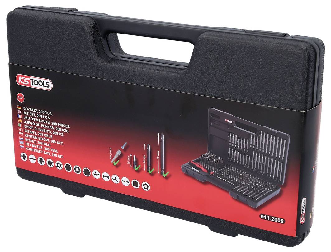 'KS Tools' Bit Set in a black case with 206 pieces, shown with open lid. Contains various bits and attachments.