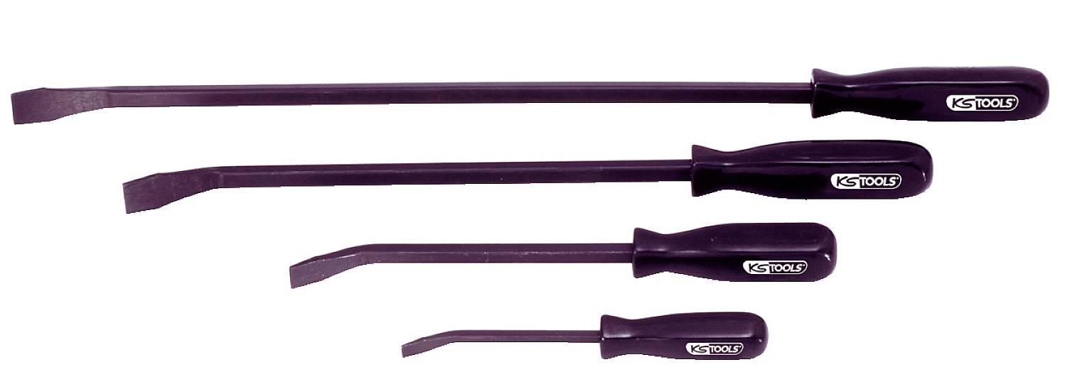 Four chisels with black handles and varying lengths lie parallel to one another. Suitable for fine detail work.