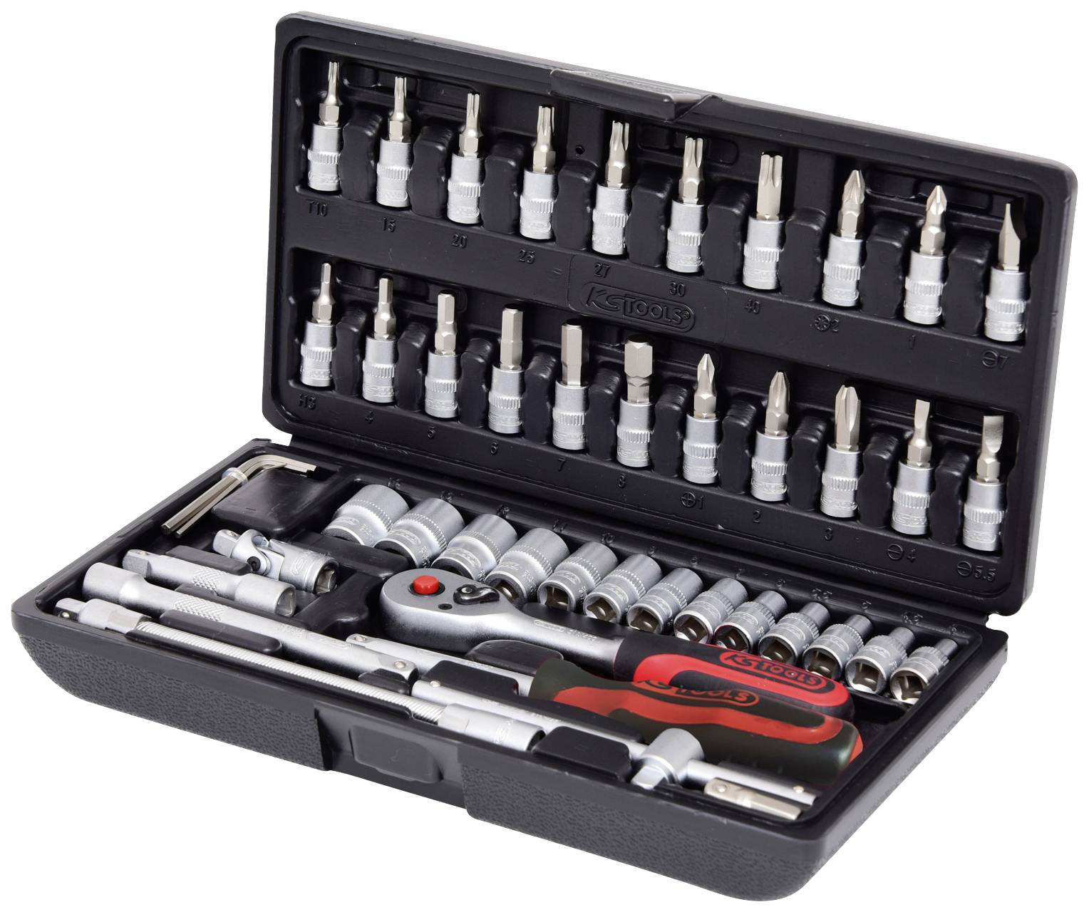 An opened toolbox with various bits, sockets, and a screwdriver handle, ready for use.