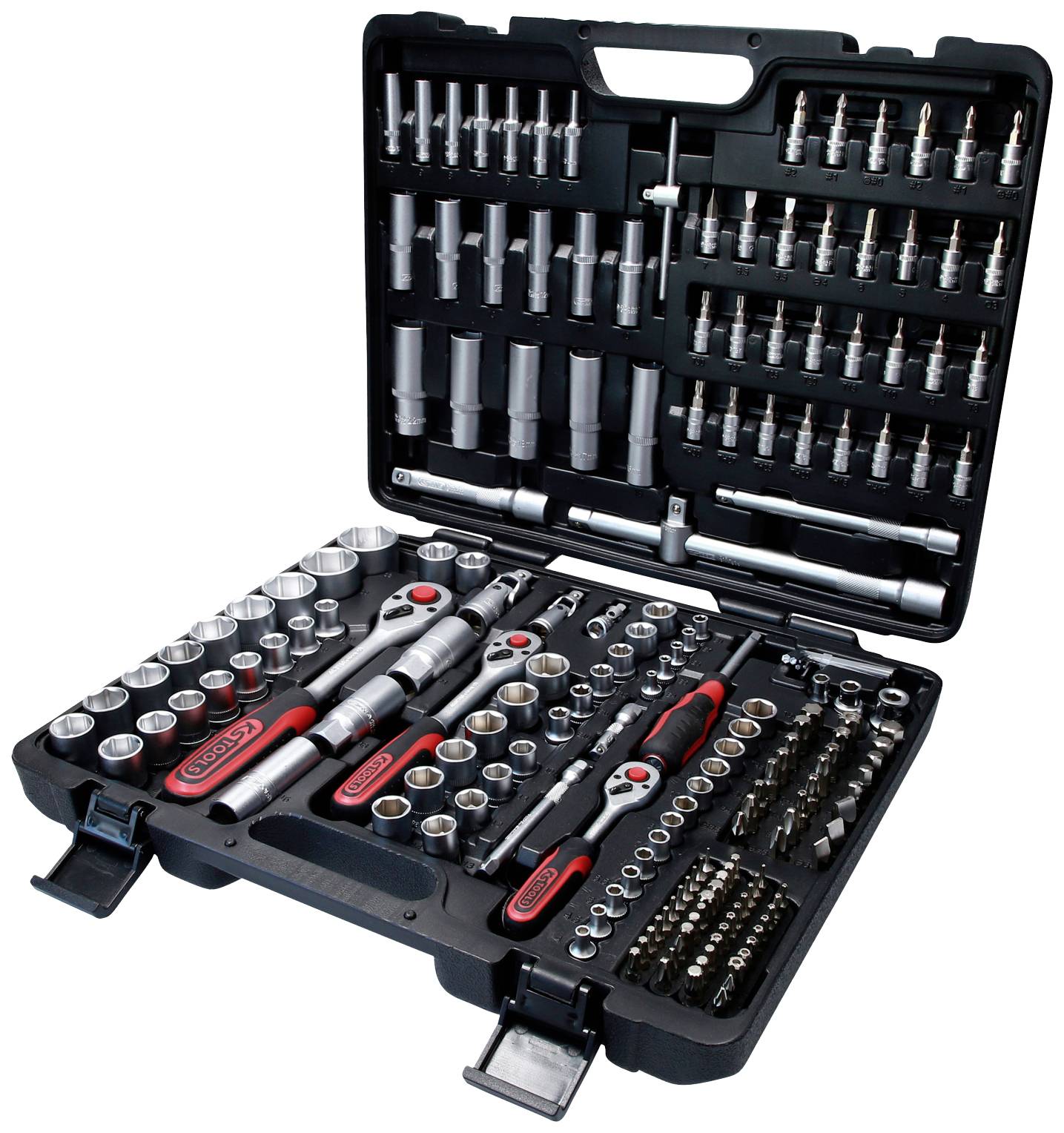 An open toolbox with various socket wrenches, ratchets, and extensions, organised in moulded compartments.