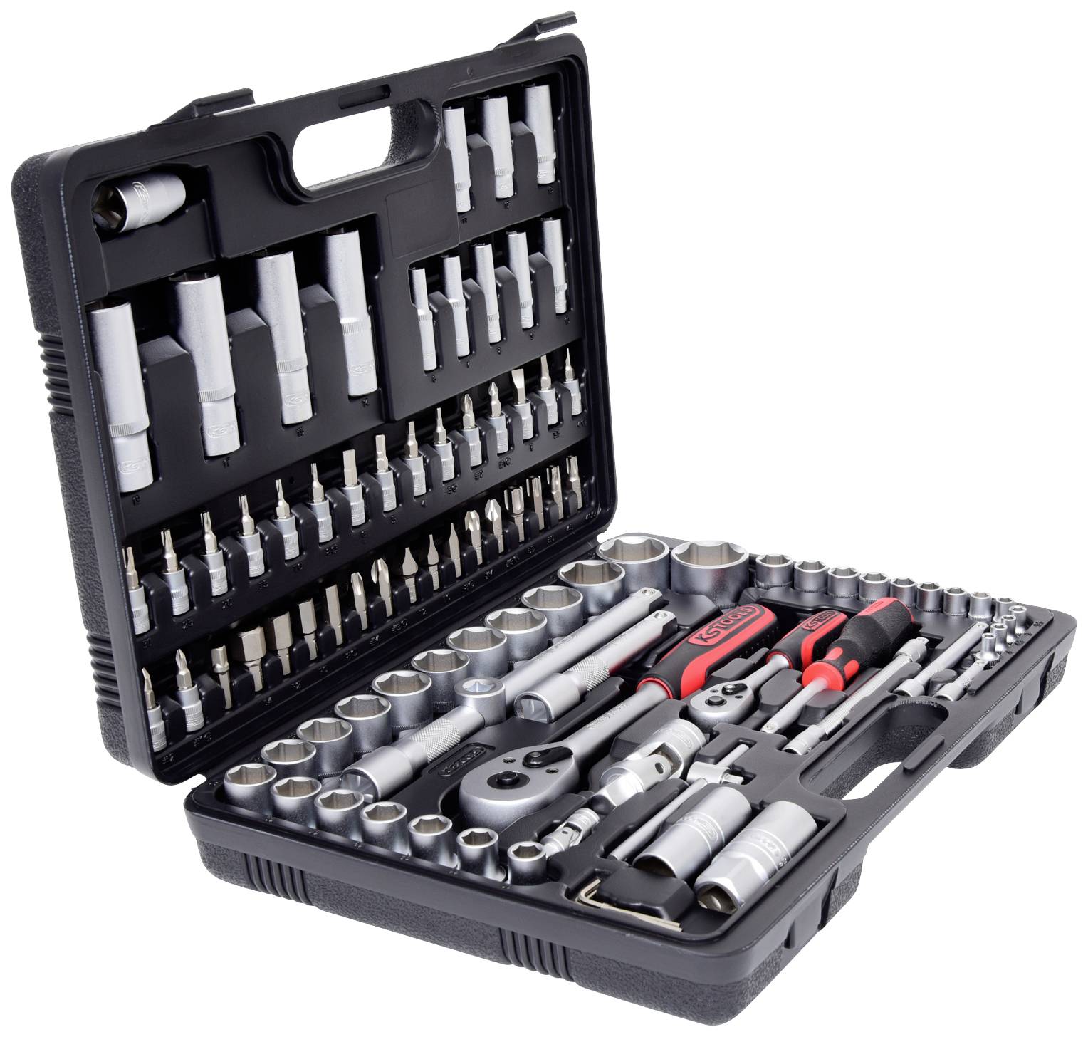 An opened toolbox with various socket wrenches, screwdrivers, and other hand tools, neatly organised.