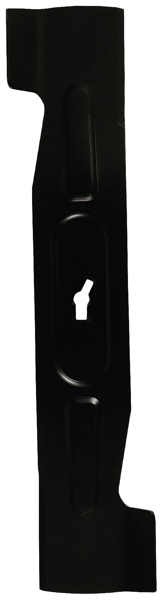 A black replacement blade for a lawnmower.