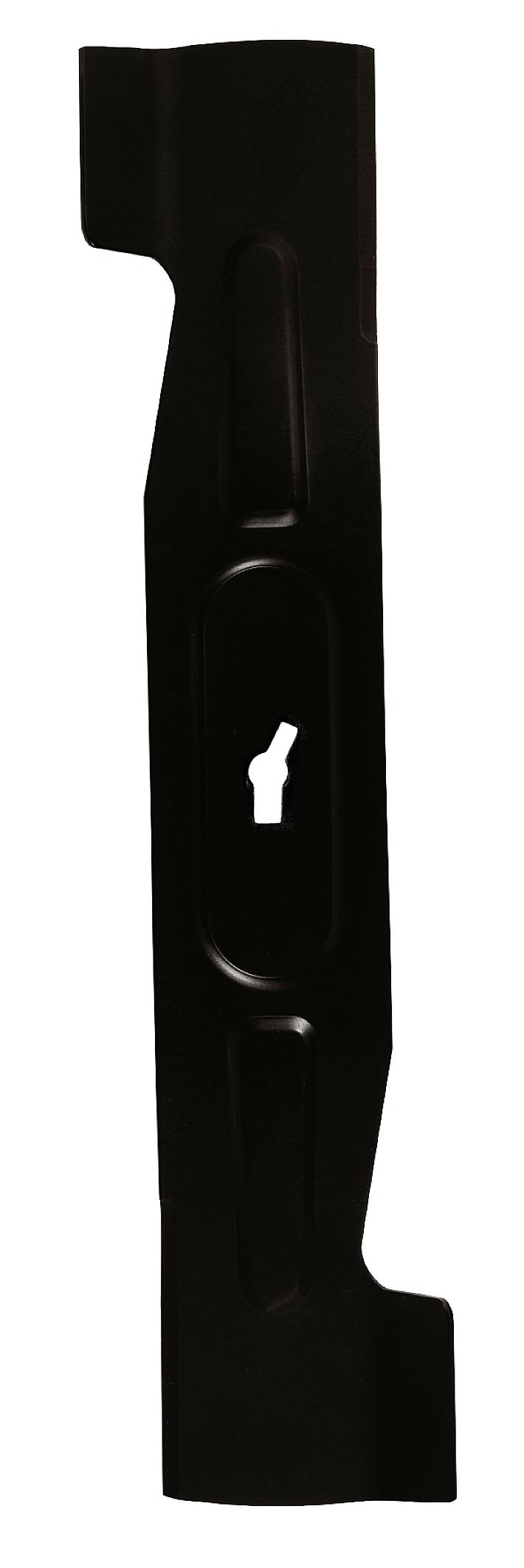 A black metal knife with a curved shape and a central opening, likely used for a gardening tool.