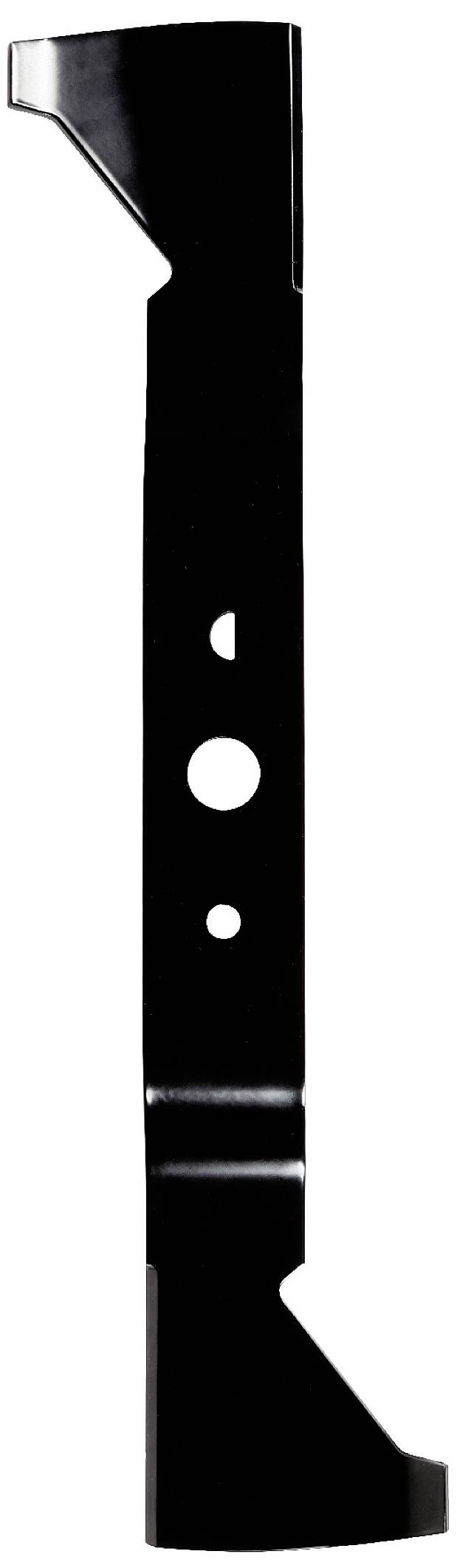 A black metal knife with sharp edges, presumably for a lawnmower, against a white background.
