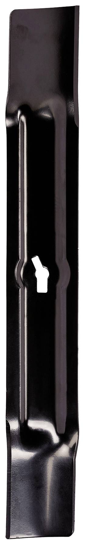 Black lawnmower blade with a smooth surface and central opening for mounting.