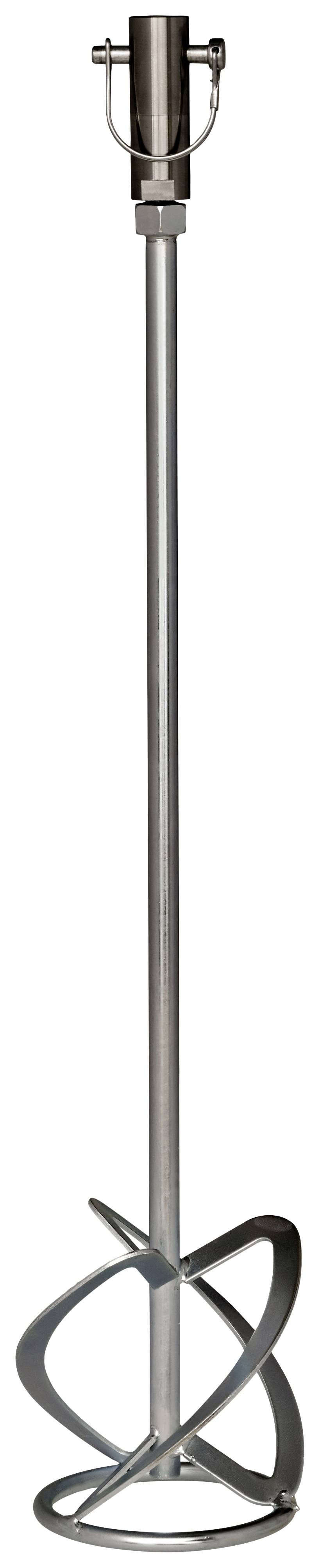 A long metal mixer with spiral blades at the end, used for mixing materials such as paint or cement.