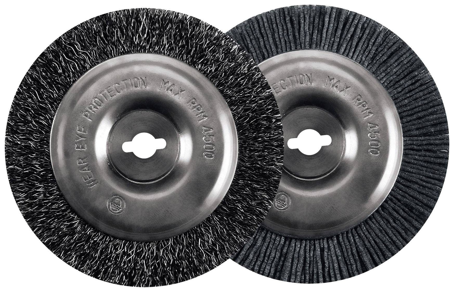 Two wire brushes, one made of steel, the other black-coated, side by side. Text 'Wear Eye Protection Max RPM 4500' visible on both.