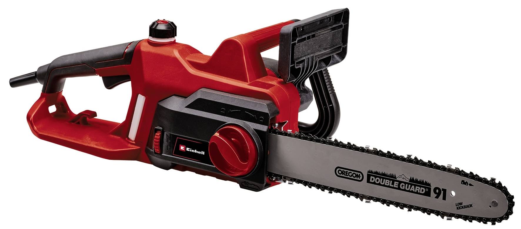 A red electric chainsaw is positioned sideways on a white background. It has an ergonomic handle and a black blade with a brand logo.