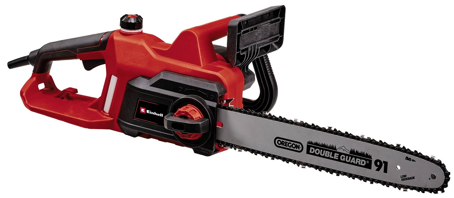 Red electric chainsaw with black bar and 'OREGON DOUBLE GUARD 91' marking.