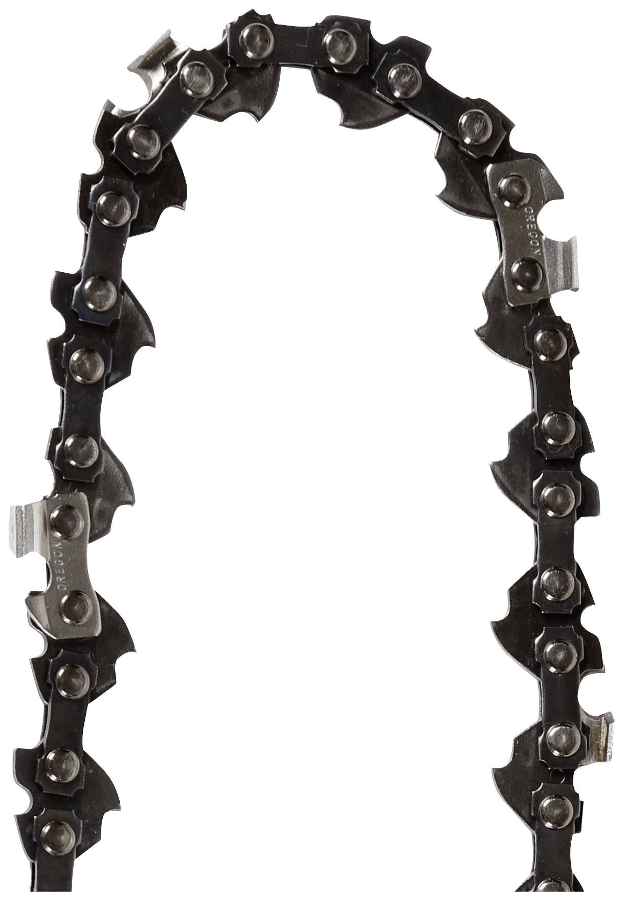 Metal saw chain, curved in representation. The chain links have sharp edges and are uniformly arranged. Suitable for chainsaws.