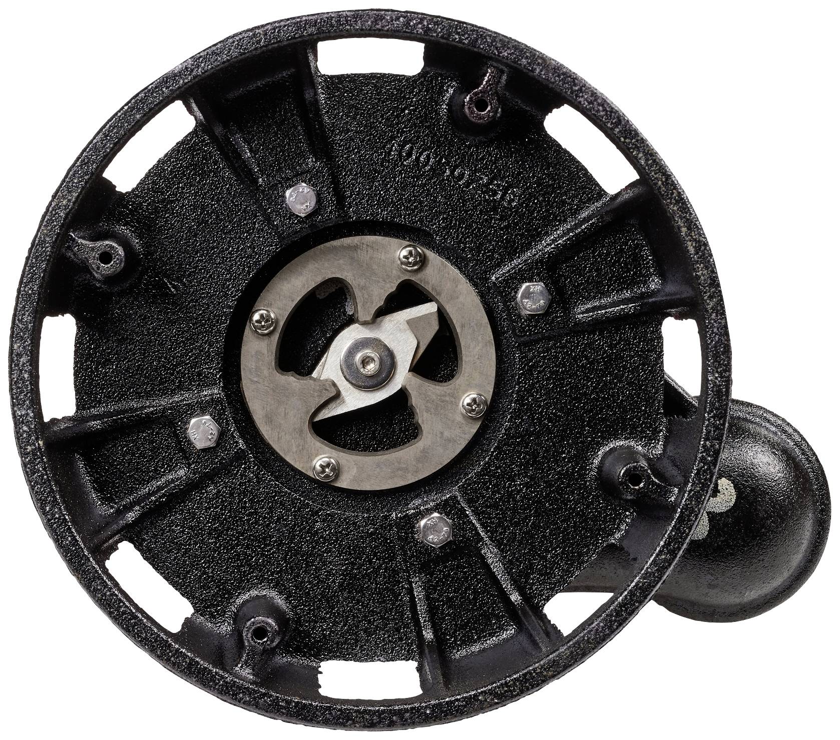 An old mechanical film camera reel in black with a fan-shaped design and visible inner metallic mechanics.
