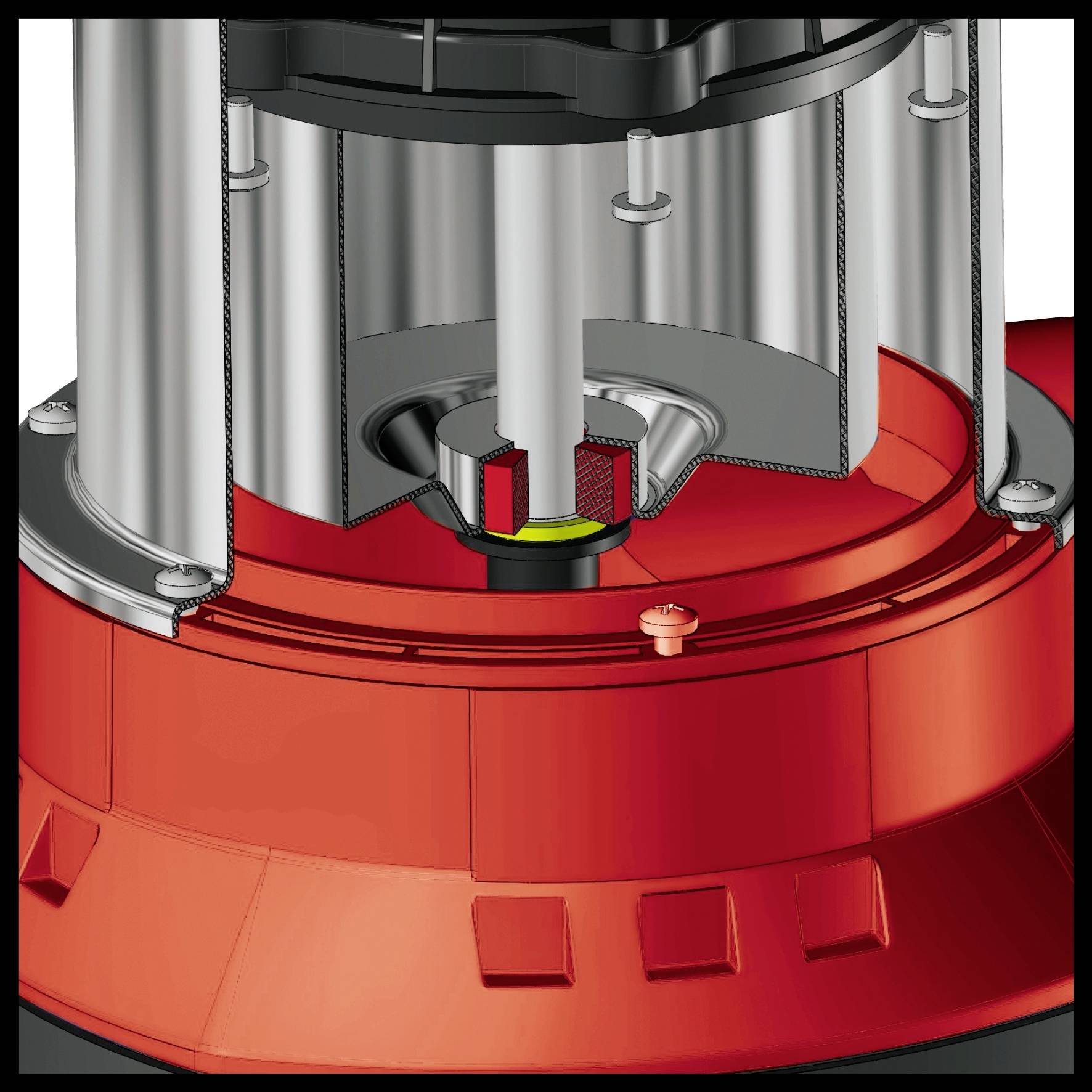 A red mechanical engineering component with metallic tubes shows a cross-section of a mechanism. A central axis with discs is visible.