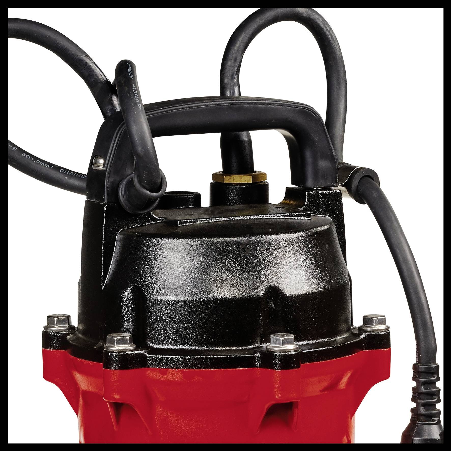 A red and black submersible pump with multiple hoses used for industrial applications.