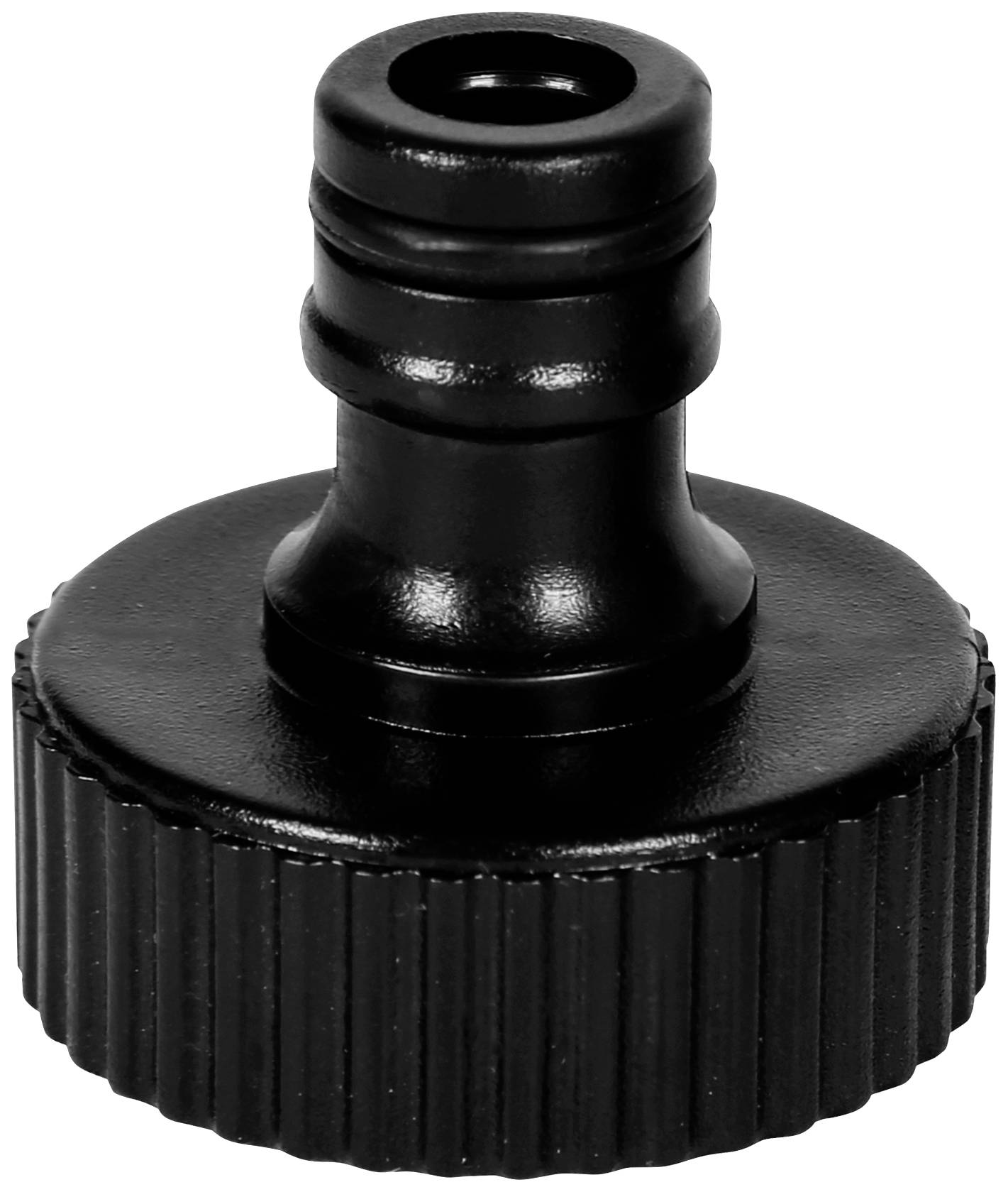 Black plastic connector with a ribbed edge and a push-fit connection at the top. Suitable for garden hoses.