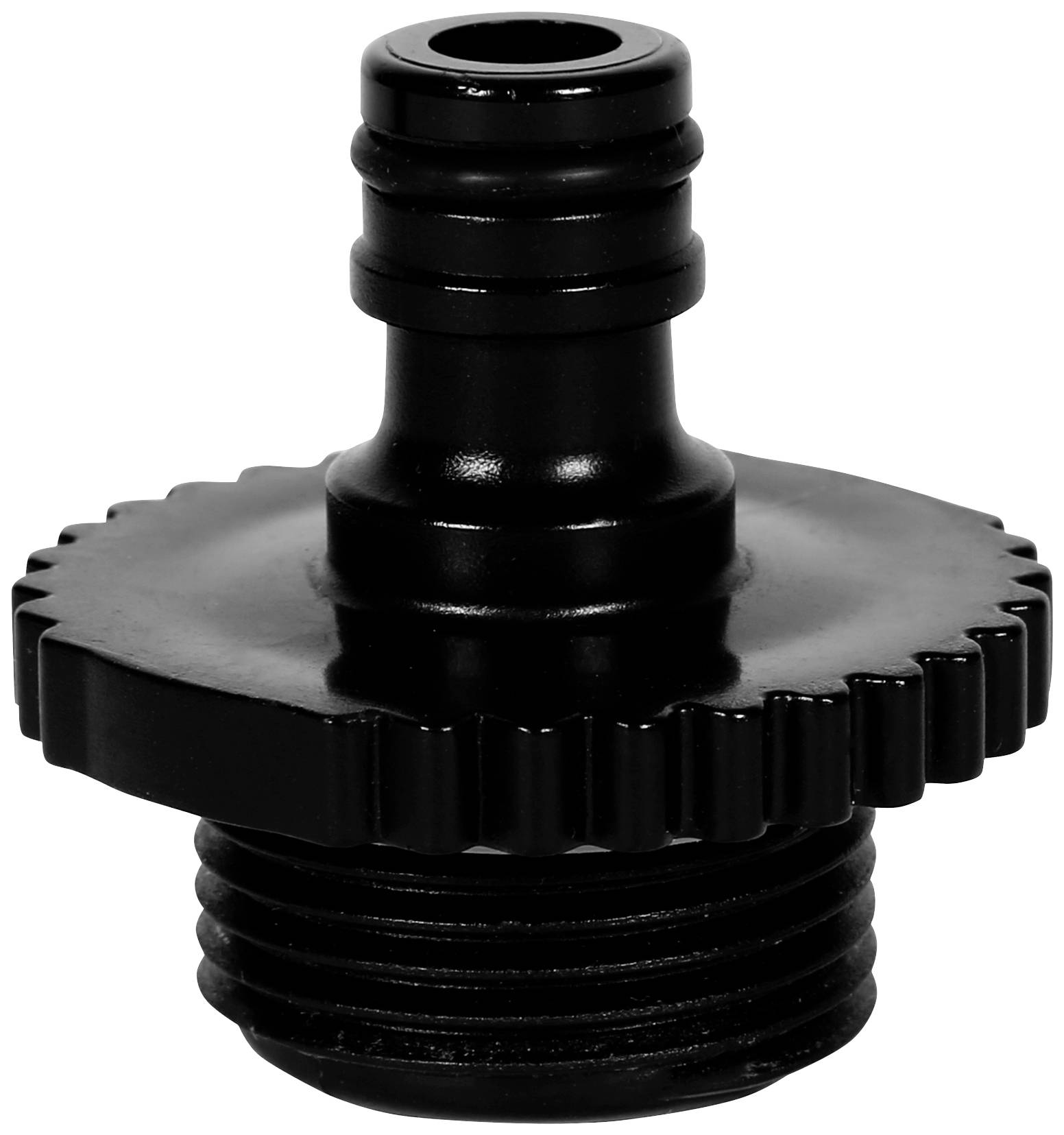 A black adapter with a screw thread and ribbed end, suitable for connecting hoses with different fittings.