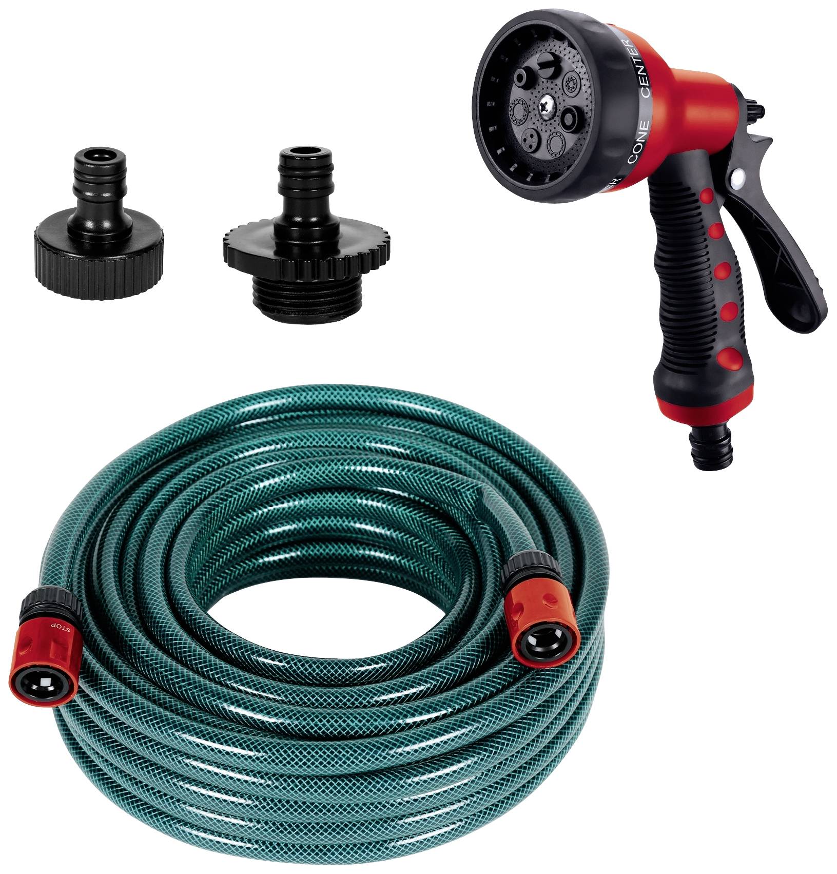 Garden hose set with green hose reel, red spray nozzle with various settings and compatible connectors.
