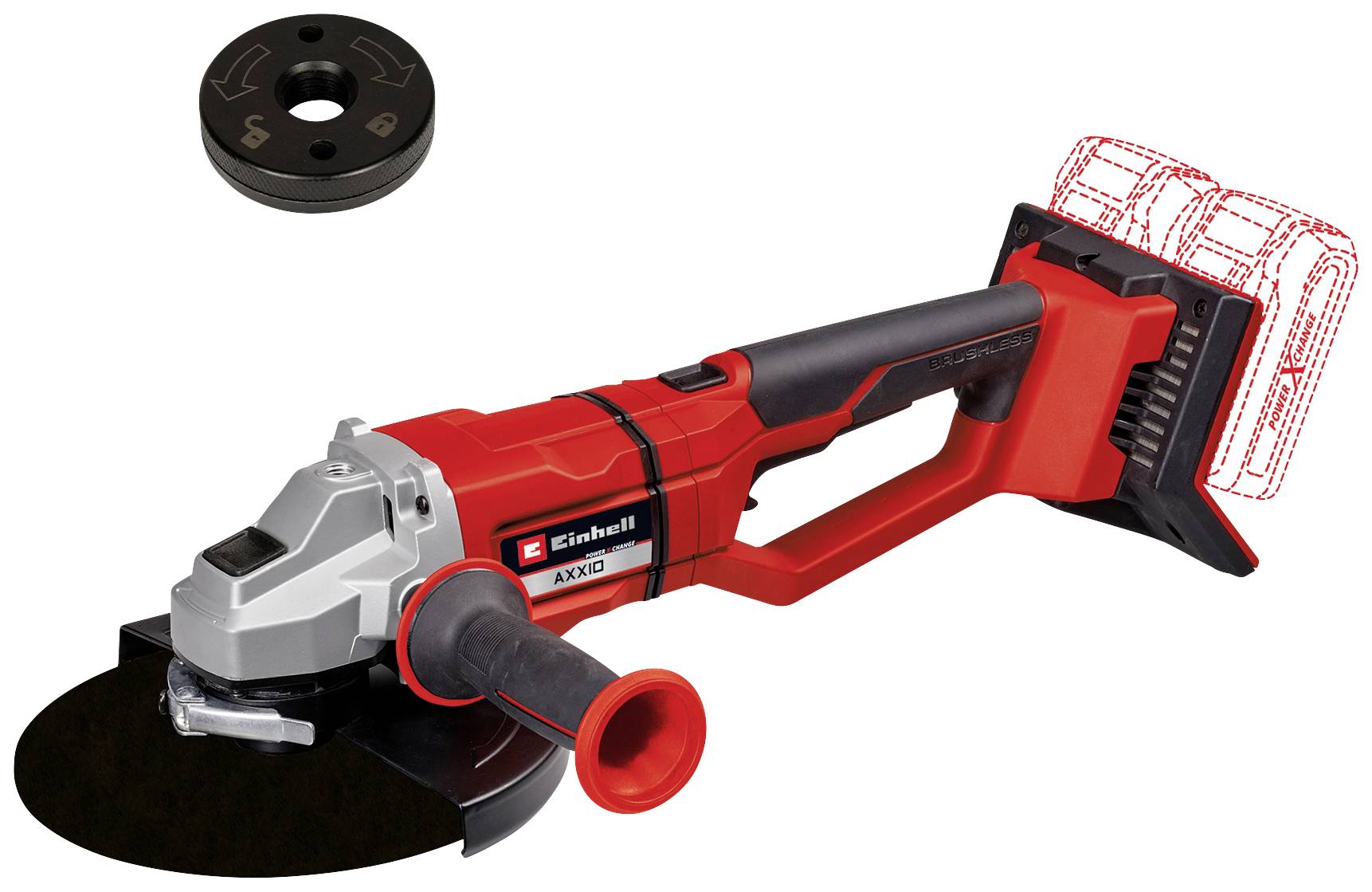 Einhell Cordless Angle Grinder AX20 with Removable Guard, Additional Handle and Separate Grinding Disc, Battery Position Illustrated in the Background.