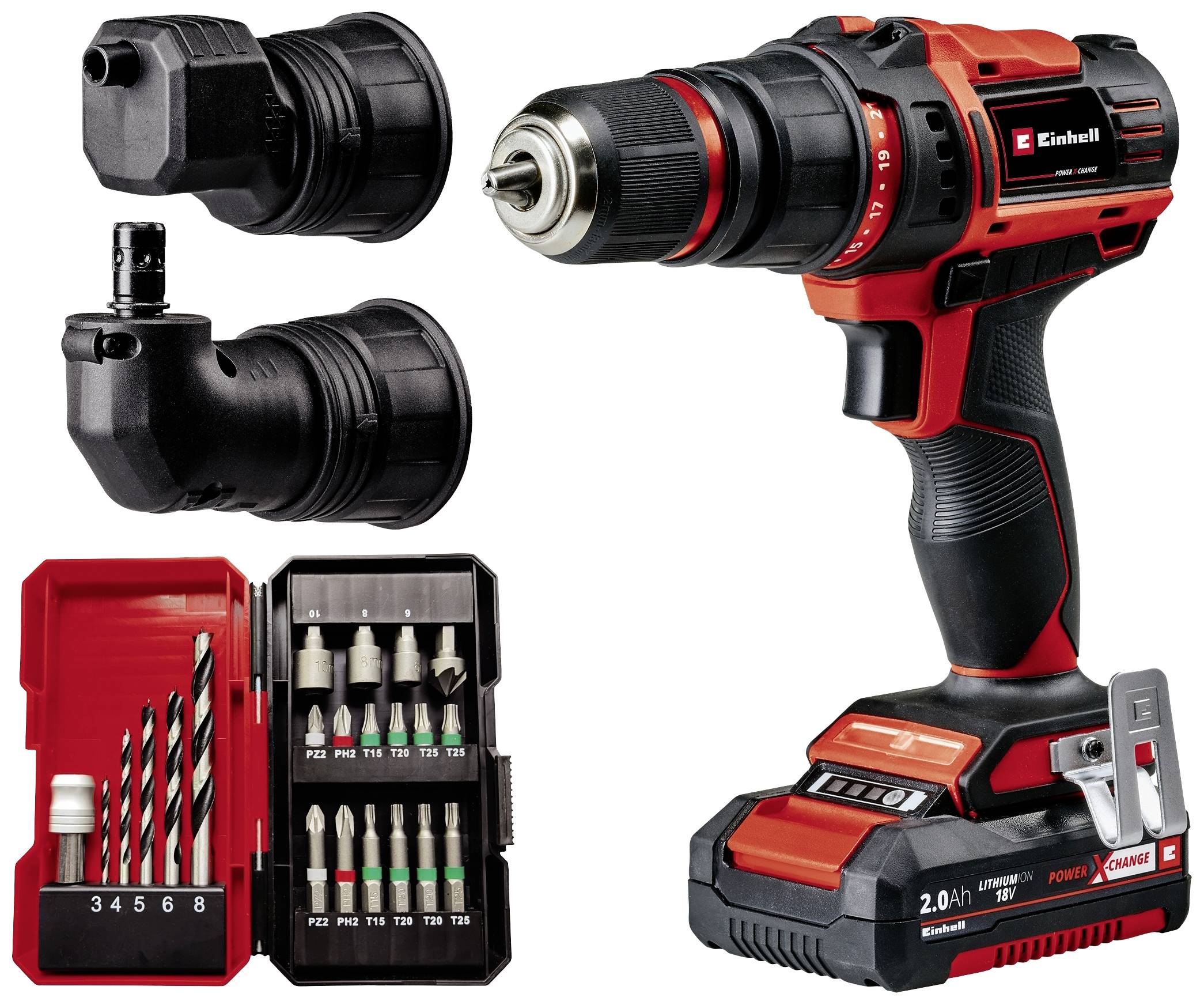A red cordless drill with drill bit set and two interchangeable attachments. Perfect for DIY projects.