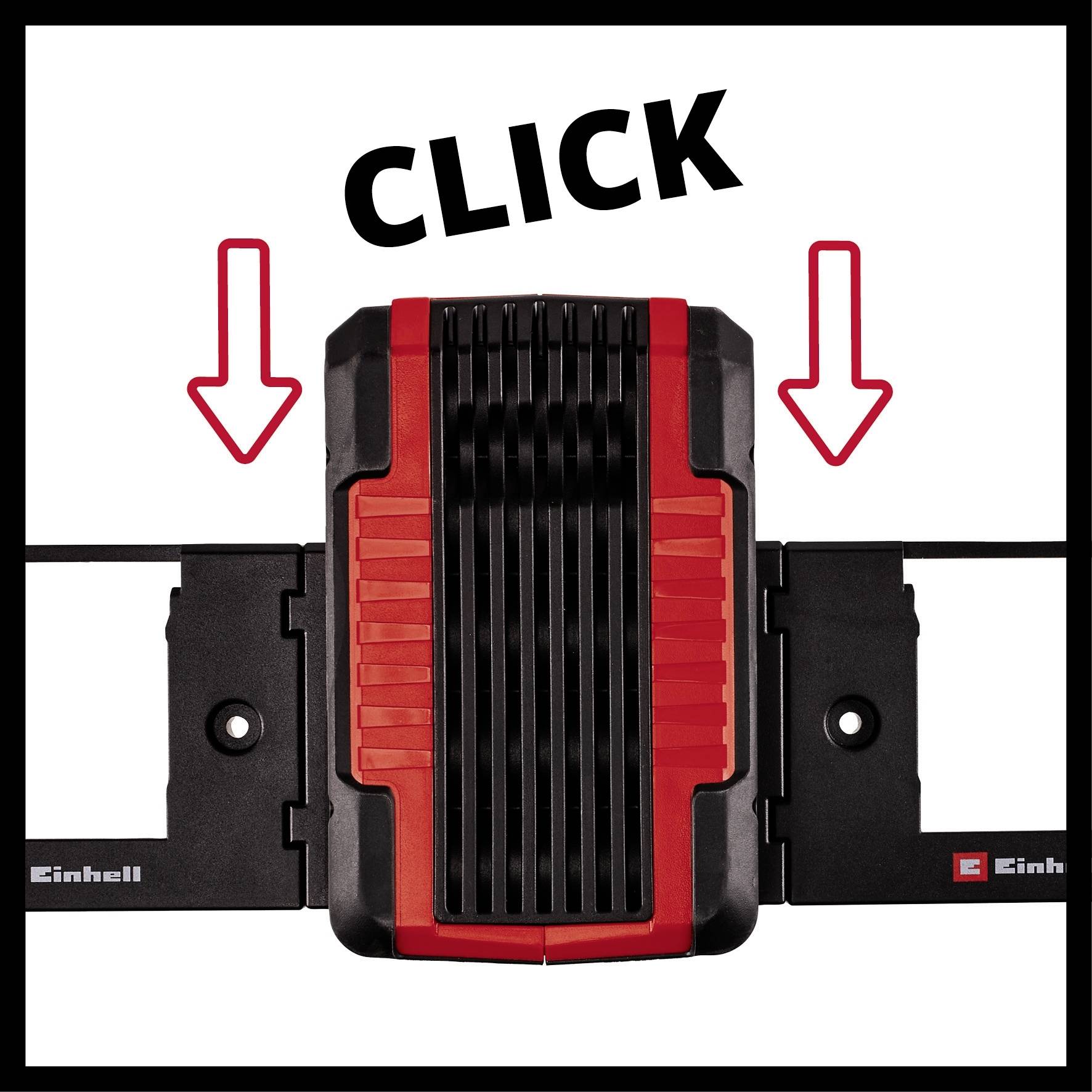 A red and black device with two arrows and the word 'CLICK' at the top. The arrows are pointing to the device's connections.