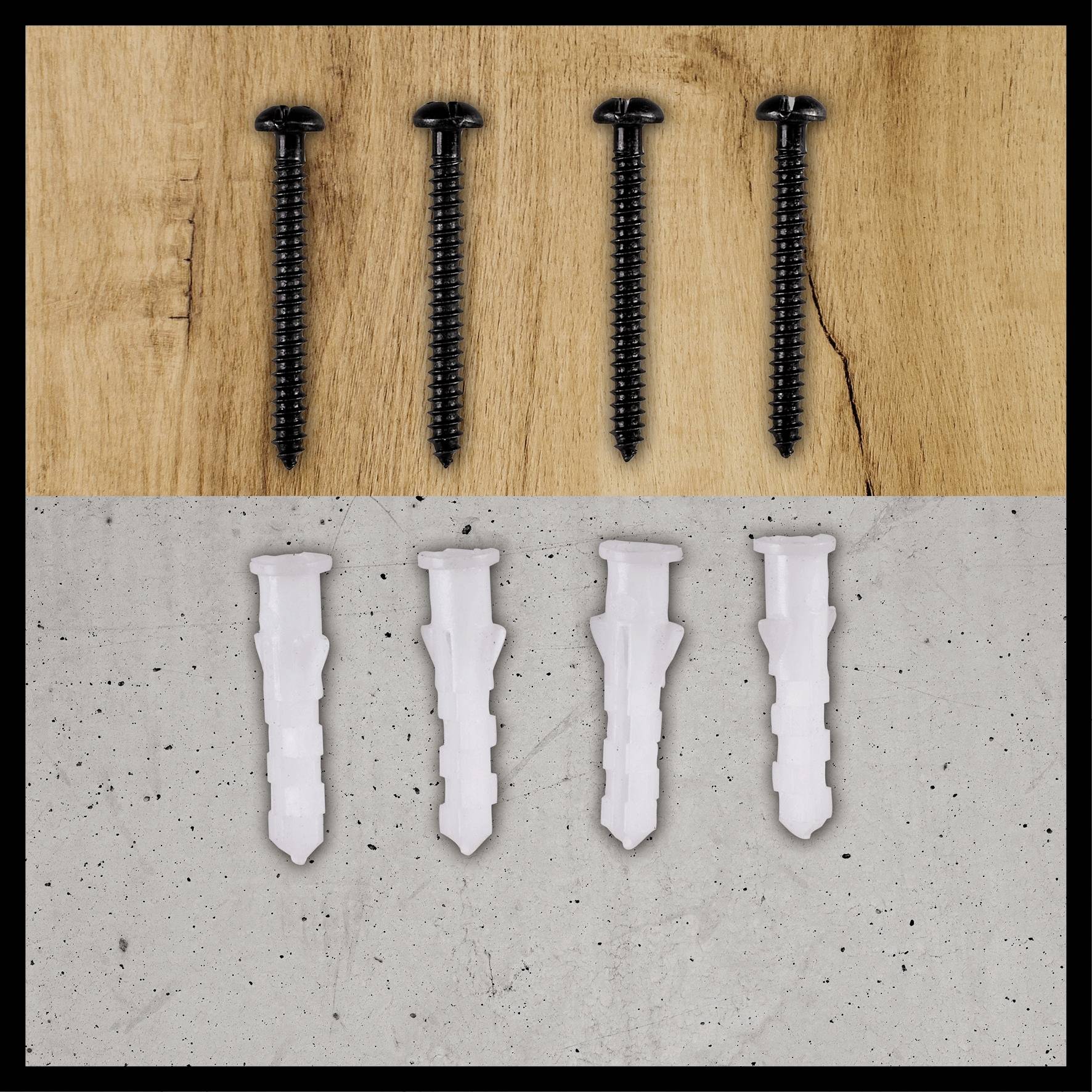 Four black screws and four white plugs are placed side by side, positioned on a wooden surface above, on a concrete surface below.