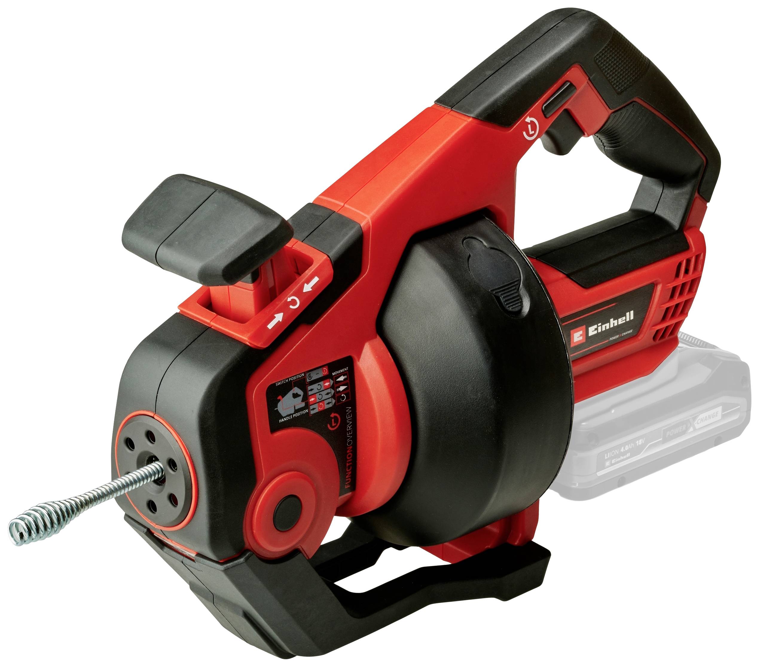 Einhell Cordless Drain Cleaner in Red and Black. The device features an ergonomic handle and a visible spiral at the front.