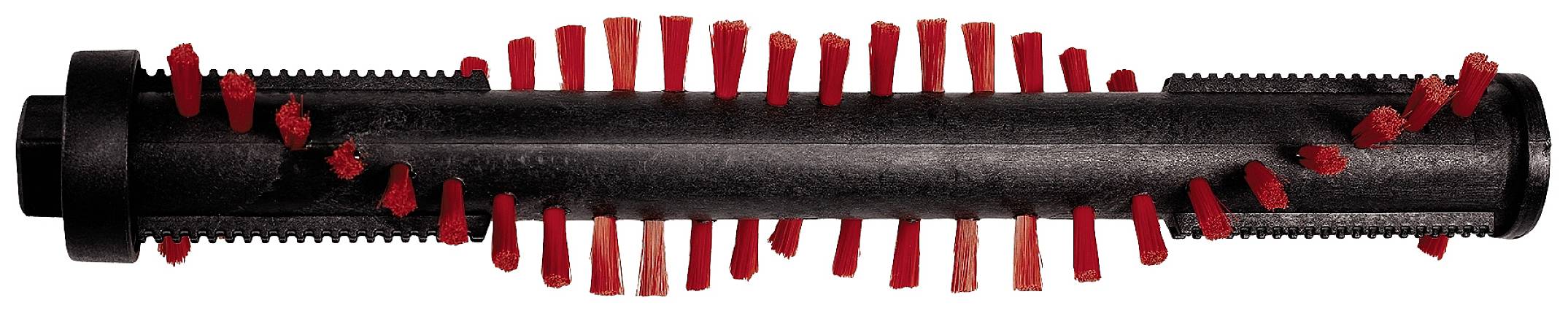 Black and red vacuum cleaner brush attachment, cylindrical with spirally arranged bristles.